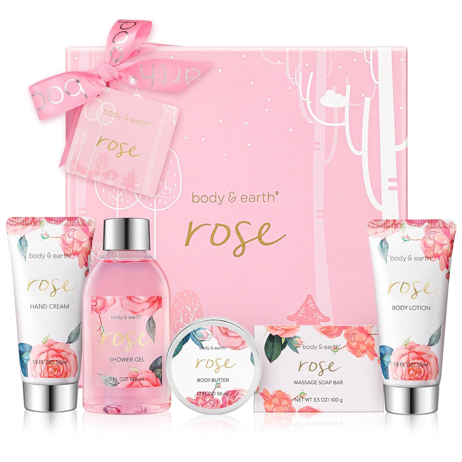 Bath and Body Gift Set for Women, Body & Earth 5 Pcs Rose Spa Set Gifts for