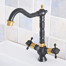 Black Gold Brass Bathroom Corss Handle Faucet Cold and Hot Mixer Basin Taps