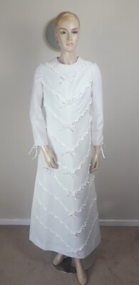 VINTAGE 60ER JAHRE ELEGANT WEISS BESTICKT SCHLEIFE MOD HOCHZEITSKLEID 10