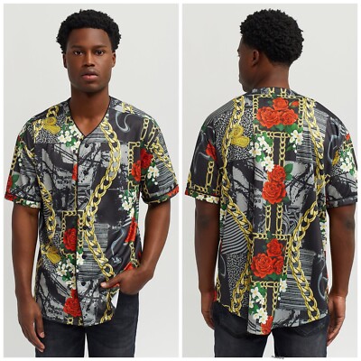 New Reason Clothing Gold Digging Baseball Printed Button Down Jersey Size: 2XL