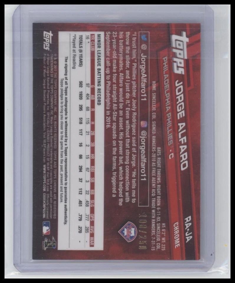 2017 Topps Chrome #RA-JA Jorge Alfaro Rookie Auto Purple Refractor #/250 RC - Image 2 of 2