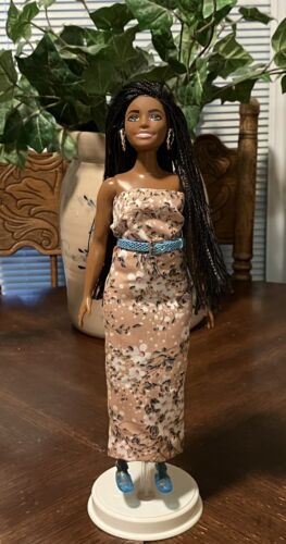 Curvy Barbie African American Doll Micro Braids Silver HoopsLong Shift Dress TBA - Picture 1 of 3