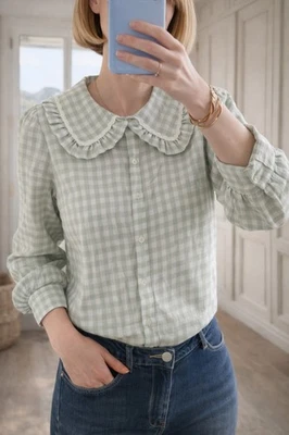 Blouse femme vichy vert col Claudine volanté romantique chic taille S/M ou M/L - Photo 1/3