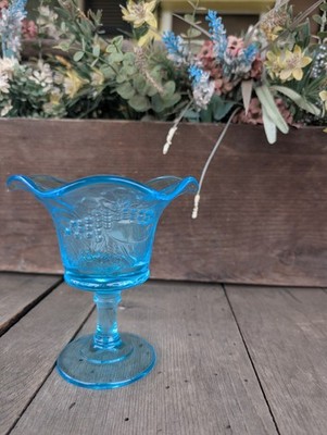 Vintage MCM Aqua Blue Glass Stemmed Fruit Design Pedestal Compote w/ Ruffled Rim
