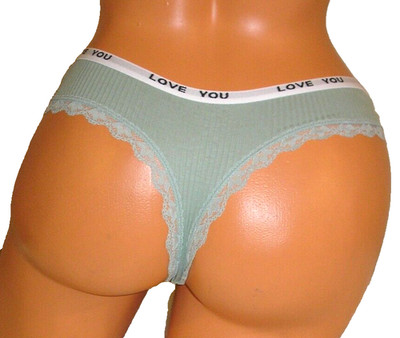 Panties Lingerie Love You Lace Trim Ribbed Green Thong   Large  Adult Gift