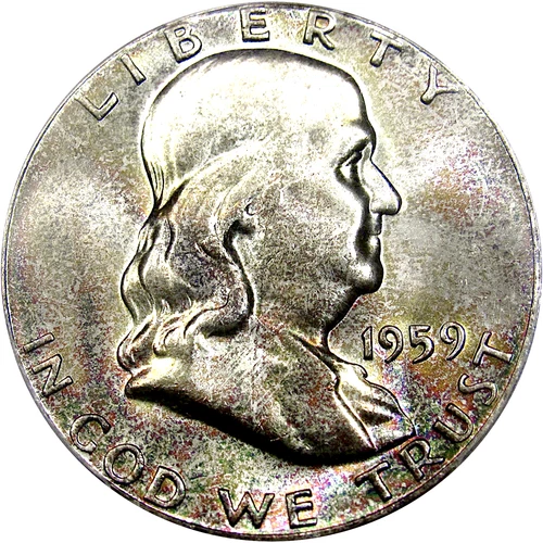 1959 50C PCGS / CAC MS65 (TYPE 2 REV) FRANKLIN ~ DELICATE RAINBOW SPECKLES!