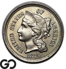 1874 Three Cent Nickel, Gorgeous Choice BU++/Near Gem