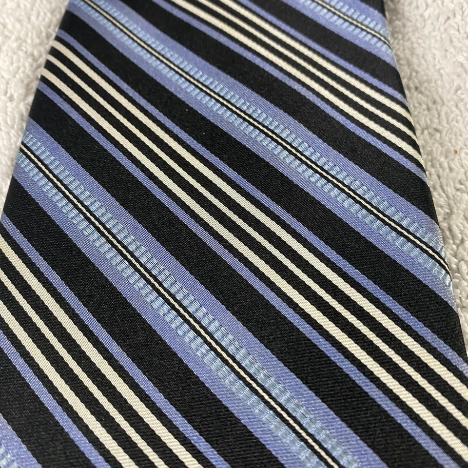 Corbata Meeting Street para hombre negra azul rayas diagonales hecha a mano 100 % seda Foto 3 de 4