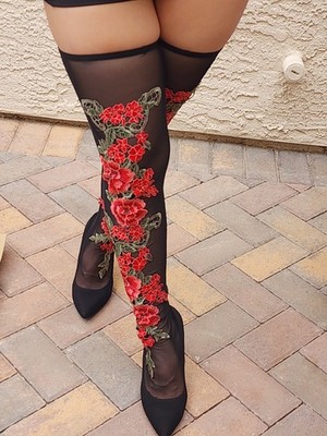 Sz 8½ Black Velvet Boots W/Floral Embroidered Black Sheer Stockings Attached.