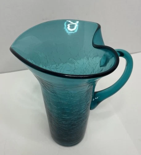 BLENKO Crackle Hand Blown Sea Green Art Glass 7" Pitcher Heart Shaped USA Made