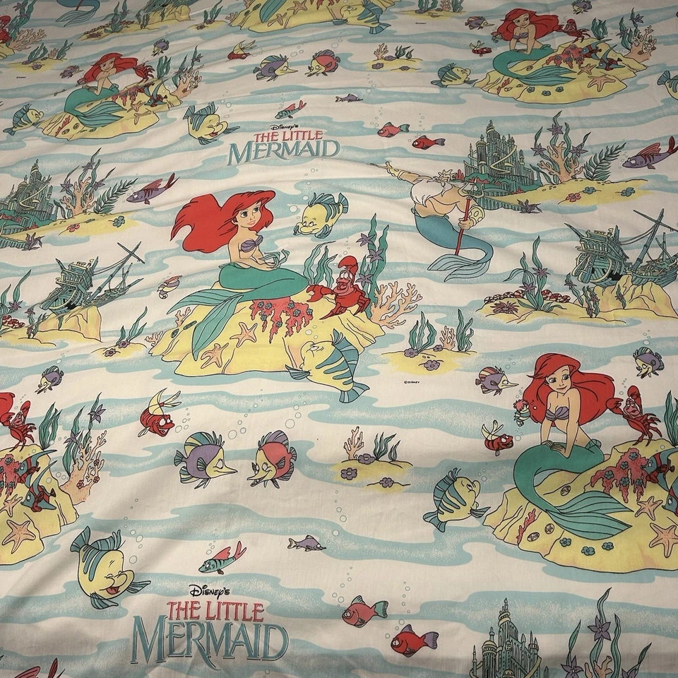 De Colección Disney Sirenita Sábana Reina Plana Años 90 Ariel Tritón EE. UU. Tela 92x80 Foto 2 de 4