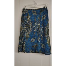 Vintage Blue Paisley Printed Midi Skirt A-Line Chiffon Boho Size 10