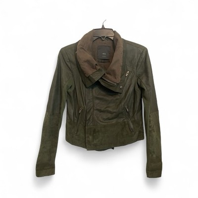 Veda Women s Leather Moto Short Jacket Size S Green Stretchy Sleeve Panel Biker
