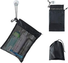 Black Mesh Shower Bag Tote   Compact Toiletry Organizer with Suction Cup