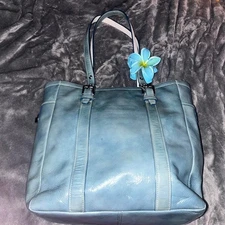 Turquoise leather coach tote bag