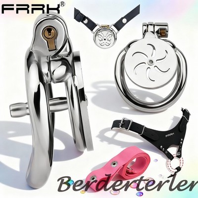 Breathable Stainless Steel Flat Chastity Cage with Ring Auxiliary Belt Bondage