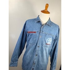 Bugle Boy Denim Shirt L Men's Blue Jeans Button Down print on chest zip Vintage