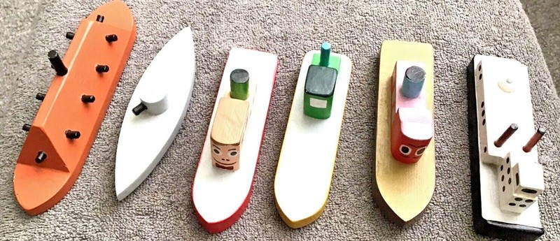 Set of 6 Handmade/Painted Wood Tug Boats By Walter Schoenrock (Folk Art Michigan