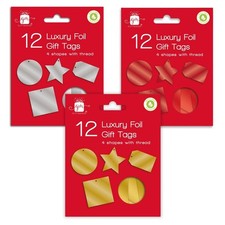 Christmas Gift Tags Pack 12 Luxury Foil Xmas Tags & Thread Red Gold Silver