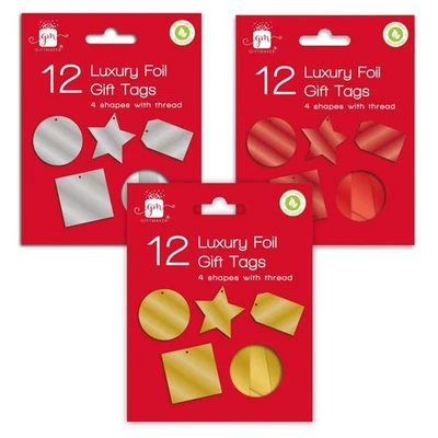 GIFTMAKER Christmas Gift Tags Pack 12 Luxury Foil Xmas Tags & Thread Red Gold Silver
