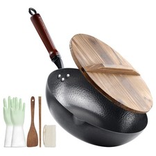 BIELMEIER 12.5" Carbon Steel Wok Pan w/Lid & Gloves. Stir Fry Cookware