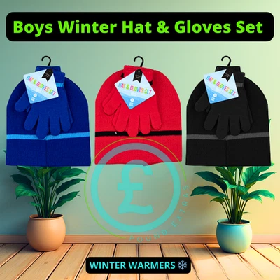 POUND EXTRAS - FARLEY MILL Boys Winter Hat & Gloves School Set Warm Beanie Soft Acrylic Blue Red Black Gift