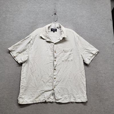 Nat Nast Men Button Up Shirt XL Light Beige Cotton Silk Embroidered Patch