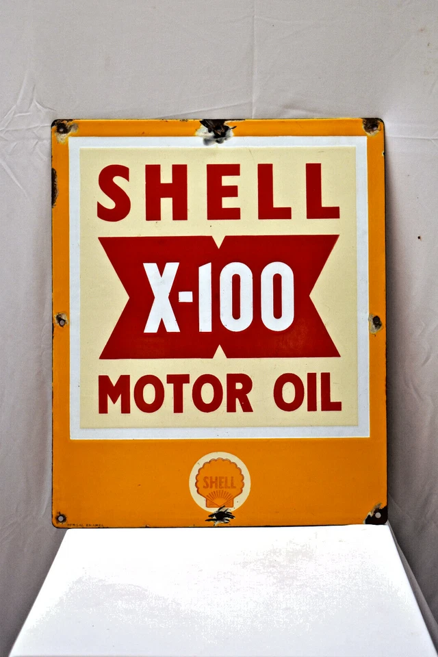 Vintage Shell X-100 Motorenöl Zweiseitig Porzellan Emaille Sign 22x18 Gas Petro - Bild 2 von 4