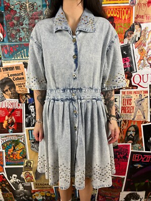 VTG 80s-90s Acid Wash Bejeweled Studded Denim Jean Shirt Dress Womens  Tall