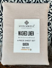 STITCHWELL Linen Cotton Blend Washed BLUSH Sheet Set - QUEEN fits 17" mattress