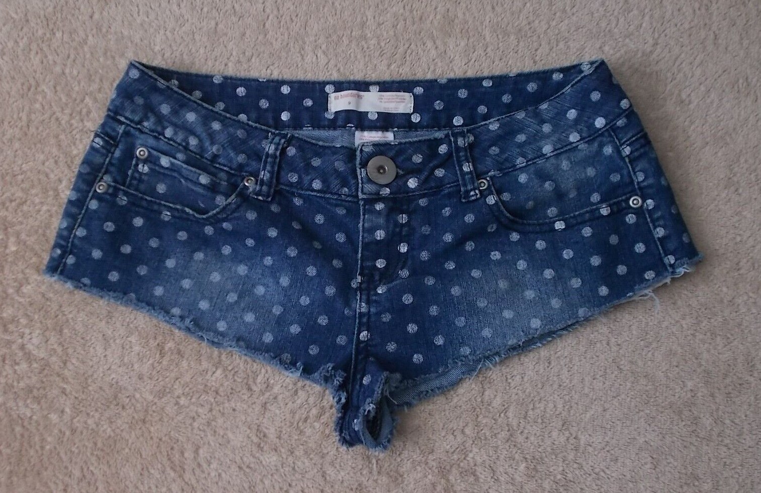 Denim micro mini shorts NOBO low rise polka dot stretch altered size 9 29 x 1 "