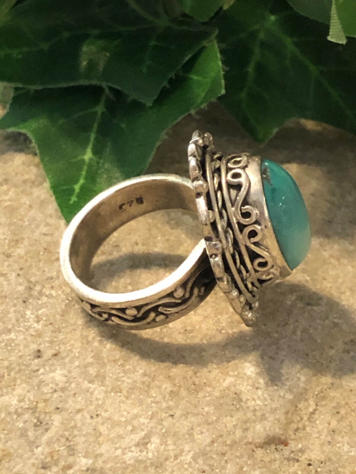 STERLING SILVER Large Turquoise Scroll Ring 15.6 … - image 2