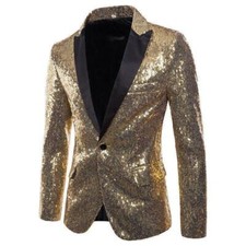 Men Sequins Bling Tuxedo Suit Party Coat Blazer Jacket One Button Stage Clubwear
