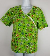 Southern Scrubs uniform top sz XS Green butterflies floral sh/slv cotton blend