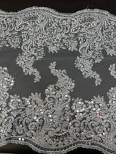 1 yard White sequin lace fabric with silver sequins and beads sequin lace