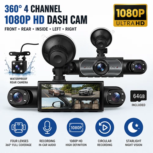 360° 4 Channel 1080P HD Car Dash Cam Front and Rear Inside Left Right + Camera deal from eBay