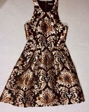 Gianni Bini Brocade A-Line Dress Sleeveless Round Neck Black Gold Floral Short