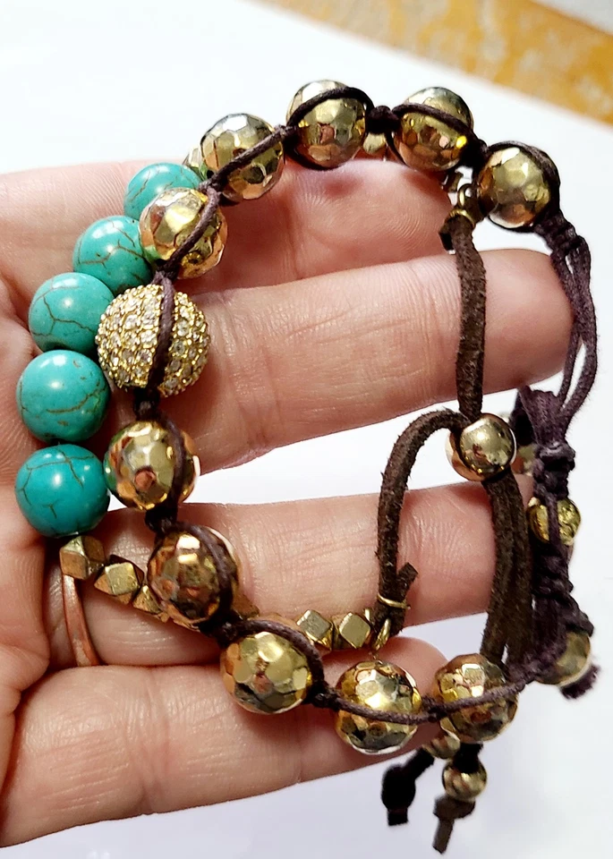Gold & Turquoise Beaded Brown Leather Tie Bracelet Set - Image 3 of 4