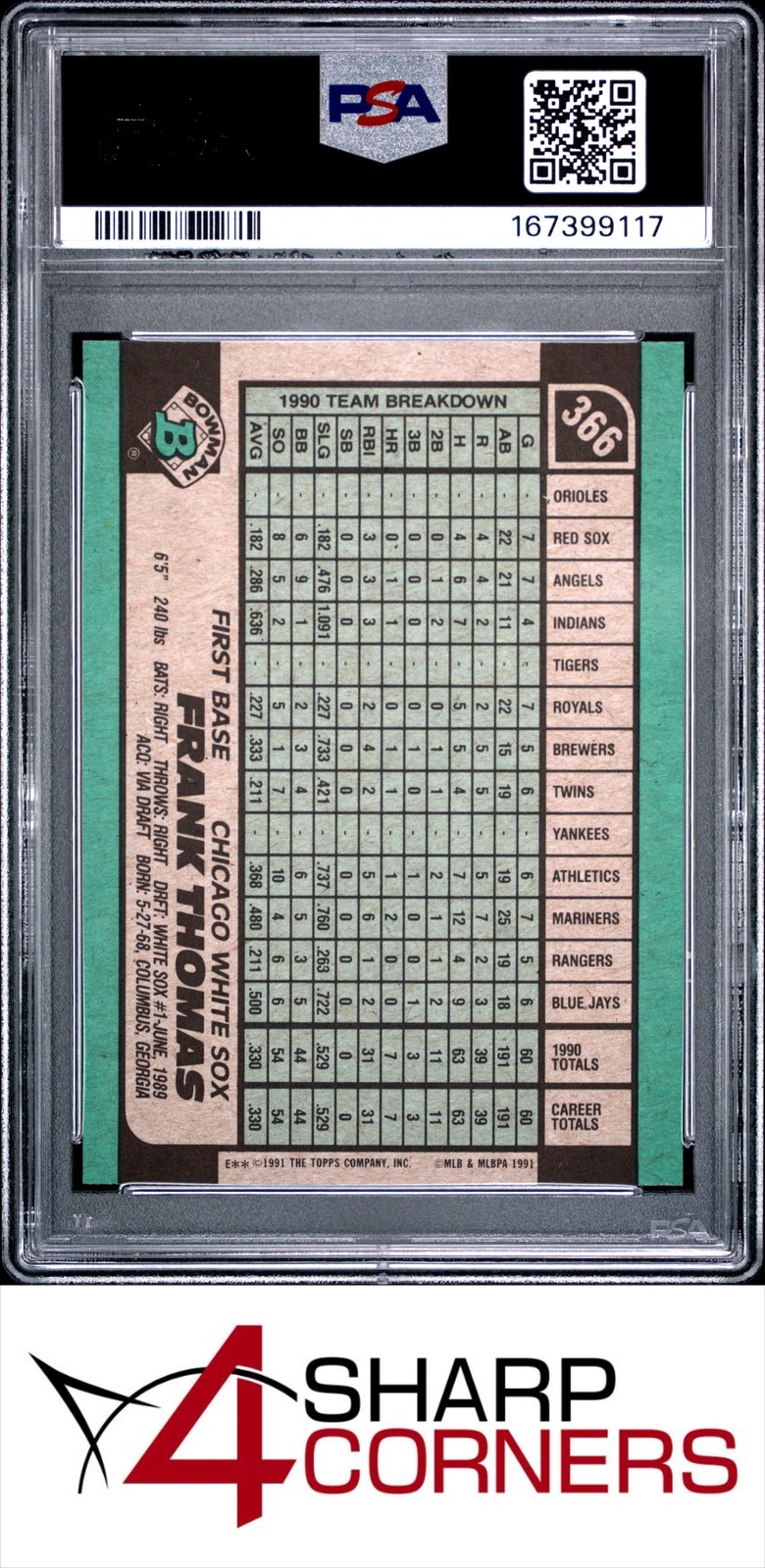1991 BOWMAN #366 FRANK THOMAS WHITE SOX HOF PSA 10 view 2