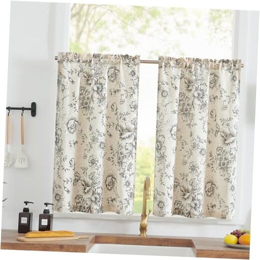 Floral Linen Tier Curtains Black on Beige 26x36 Inches Set of 2