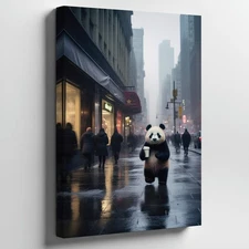 In A Bustling Urban Street Scene, A Charming Panda Ambles Wall Art Canvas Print