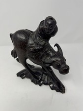Vintage Hand Carved Wood Sculpture Asian Water Buffalo w/Man , READ