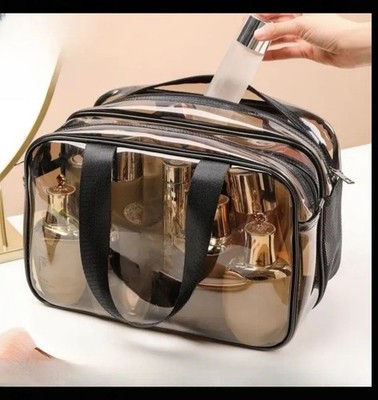 Clear Plastic Makeup Bag Black Trim Zipper Handle Cosmetic Organizer