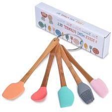 Mini Rubber Silicone Spatula Wooden Handle Heat Resistant Non-Stick 5 PCS