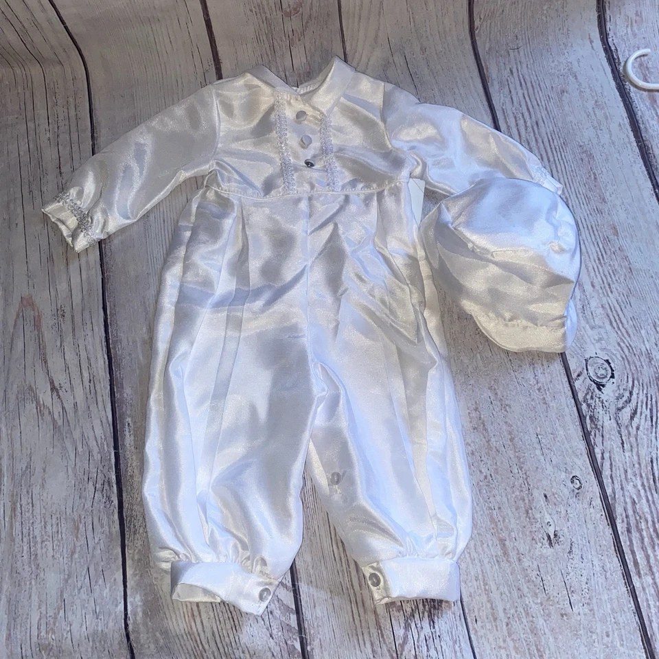 Lauren Madison baby boy White Christening Baptism Size 9/12 Months Romper Hat B3 - Image 2 of 4