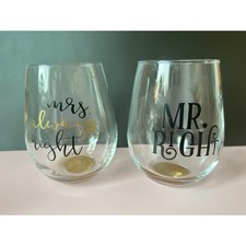 Mr Right and Mrs Always Right Stemless Wine Glass Set Gold Black Wedding Gift