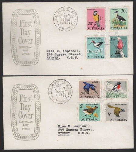 1966 Australian Native BIRDS Definitives Set of 8 on APO Shield FDC's - C TEXT