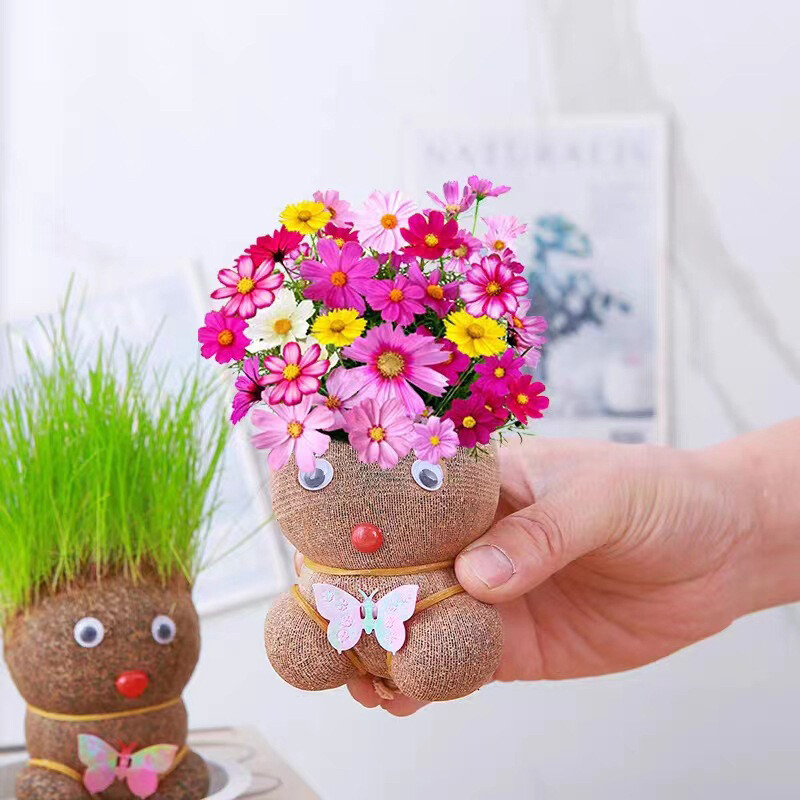 Room Decor Mini Grass Head Doll Small Potted Plant Watering Green