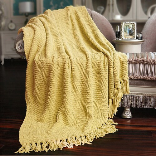 Boho Knitted Throw Blanket – Tweed Texture, Tassels, Lightweight Couch Bed Decor - Picture 156 of 337