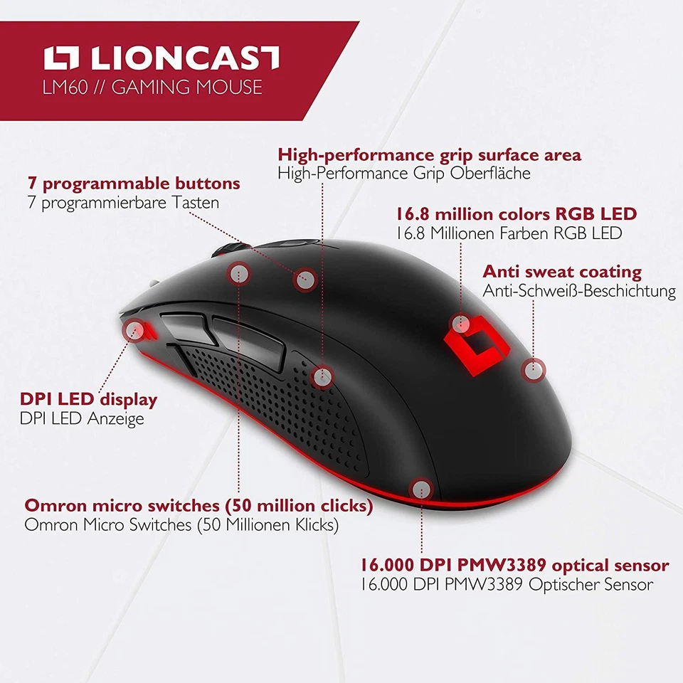 Lioncast LM60 Pro Gaming Maus für FPS, MMO und MOBAs,16.000 DPI, RGB - Bild 2 von 4